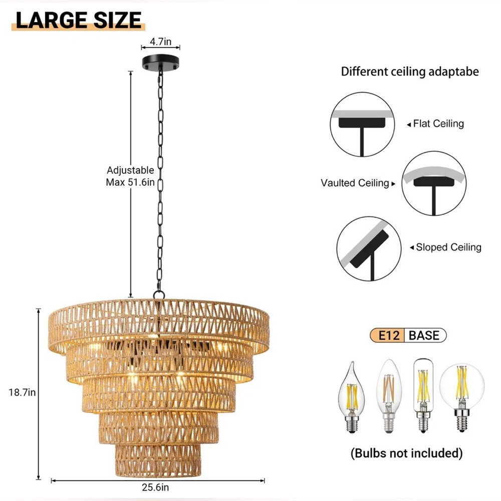 8-Light Dimmable Hand-Woven Rattan Tiered Chandelier - Picture 5 of 10